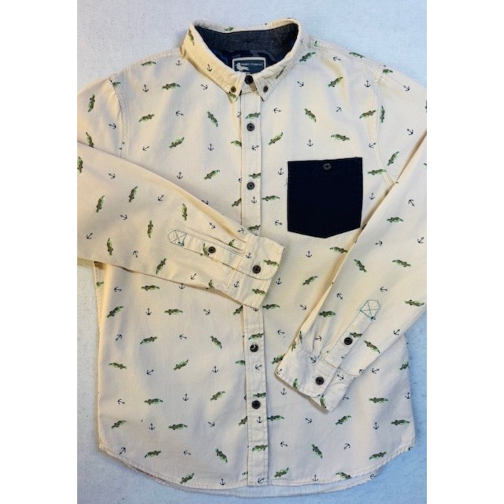 Modern Amusement Shirt Mens Large Fish Anchor Print Long Sleeve Button Up Preppy